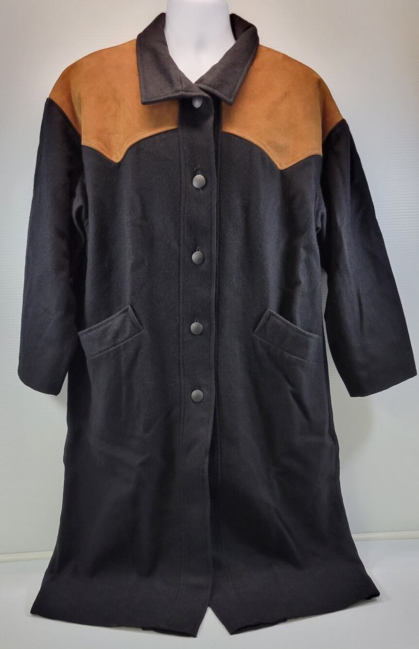 N) Vintage Michelle Francois Women Black Wool Coat Suede Shoulders USA